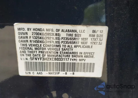 2012 Honda Pilot Lx from USA, damaged, VIN 5FNYF3H2XCB033117